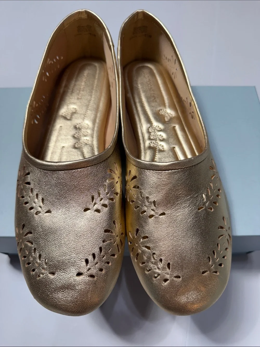 Antonio Melani Glimmer Gold Leather Ballet Flats - Lightweight Slip-On 8.5 NWT
